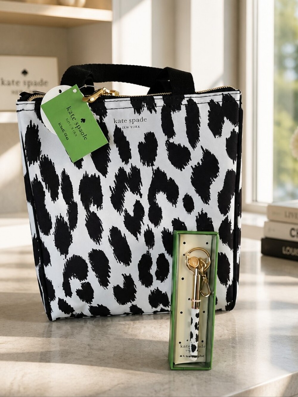Kate Spade Black & White Leopard Print Lunch Tote And Pen